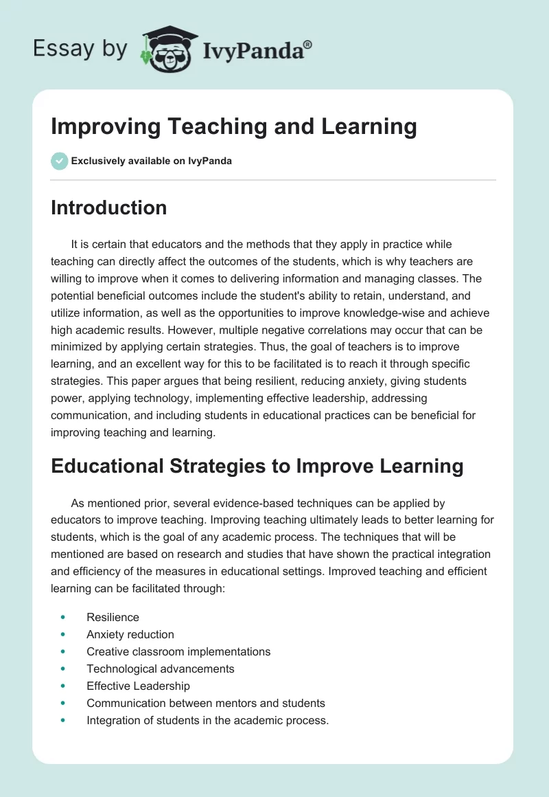 Improving Teaching and Learning. Page 1