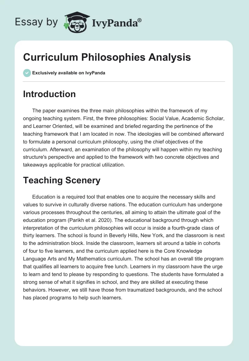 Curriculum Philosophies Analysis. Page 1