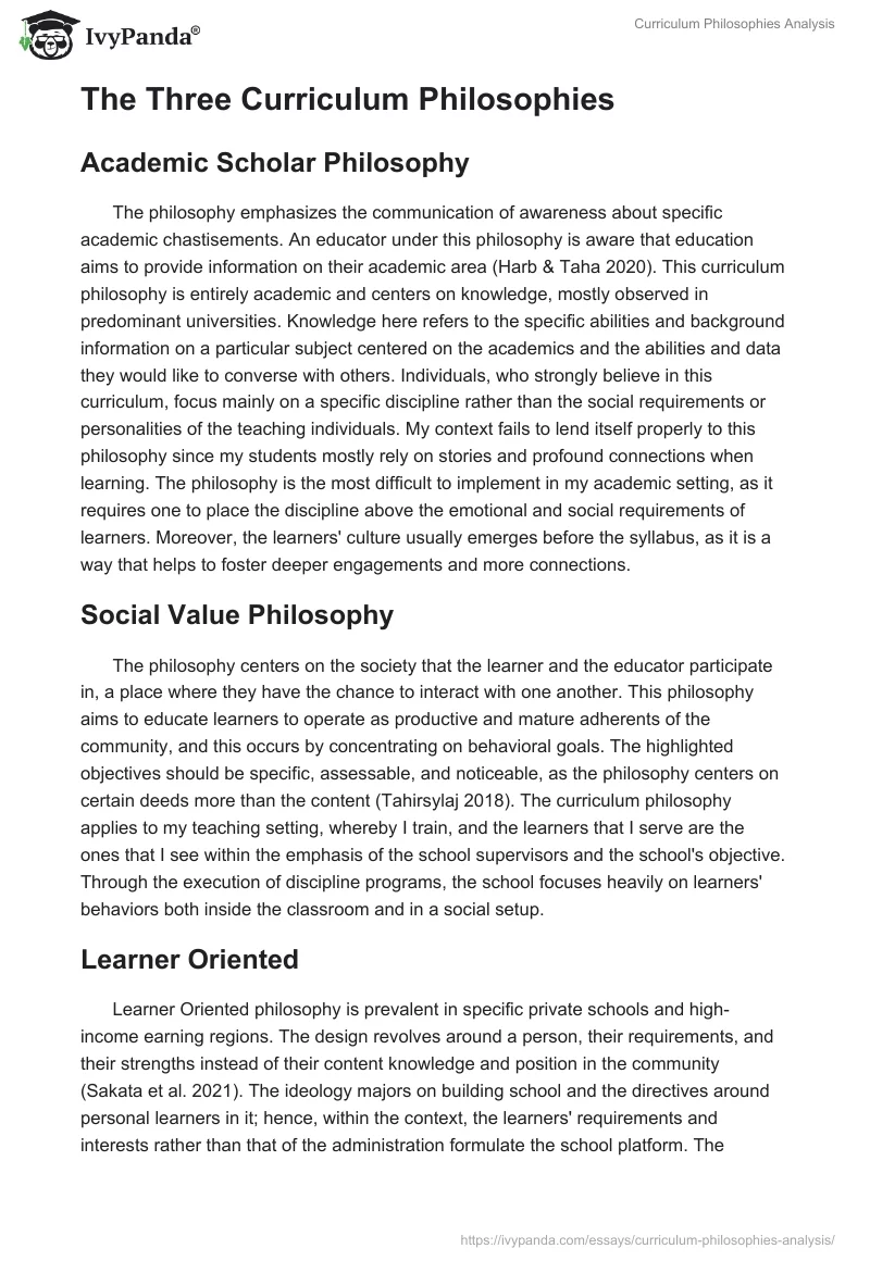 Curriculum Philosophies Analysis. Page 2