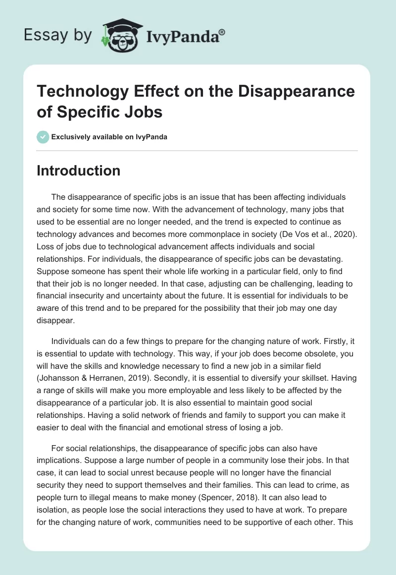 Technology Effect on the Disappearance of Specific Jobs. Page 1