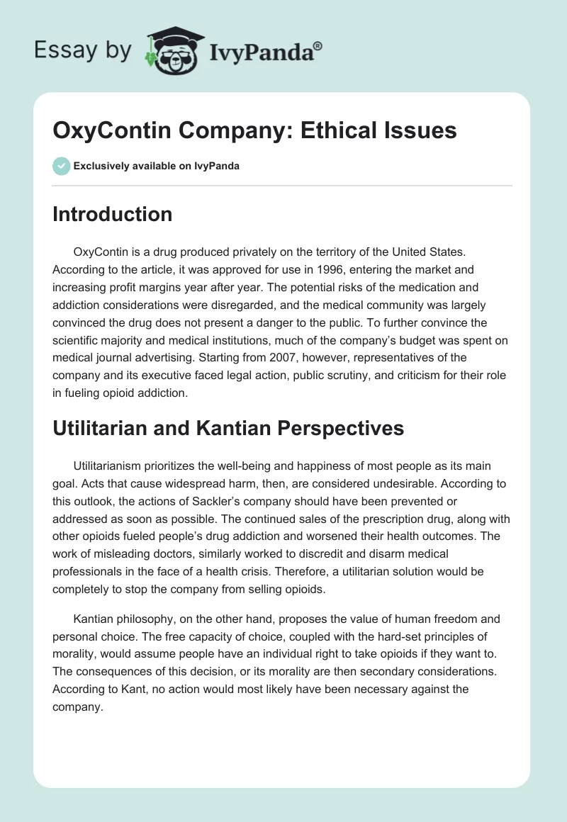 OxyContin Company: Ethical Issues. Page 1
