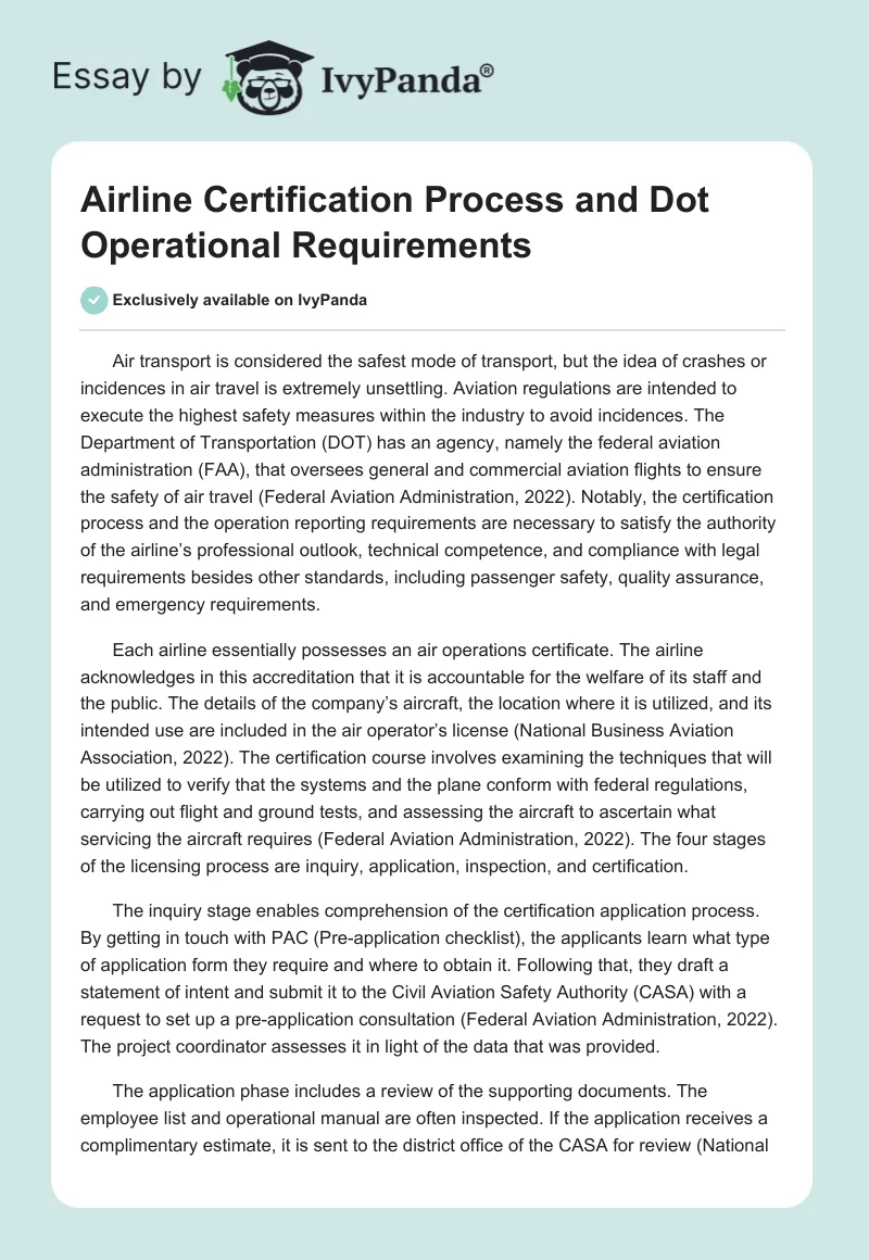 Airline Certification Process and Dot Operational Requirements. Page 1