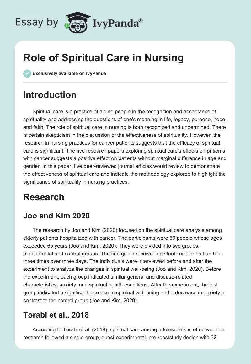 Role of Spiritual Care in Nursing. Page 1