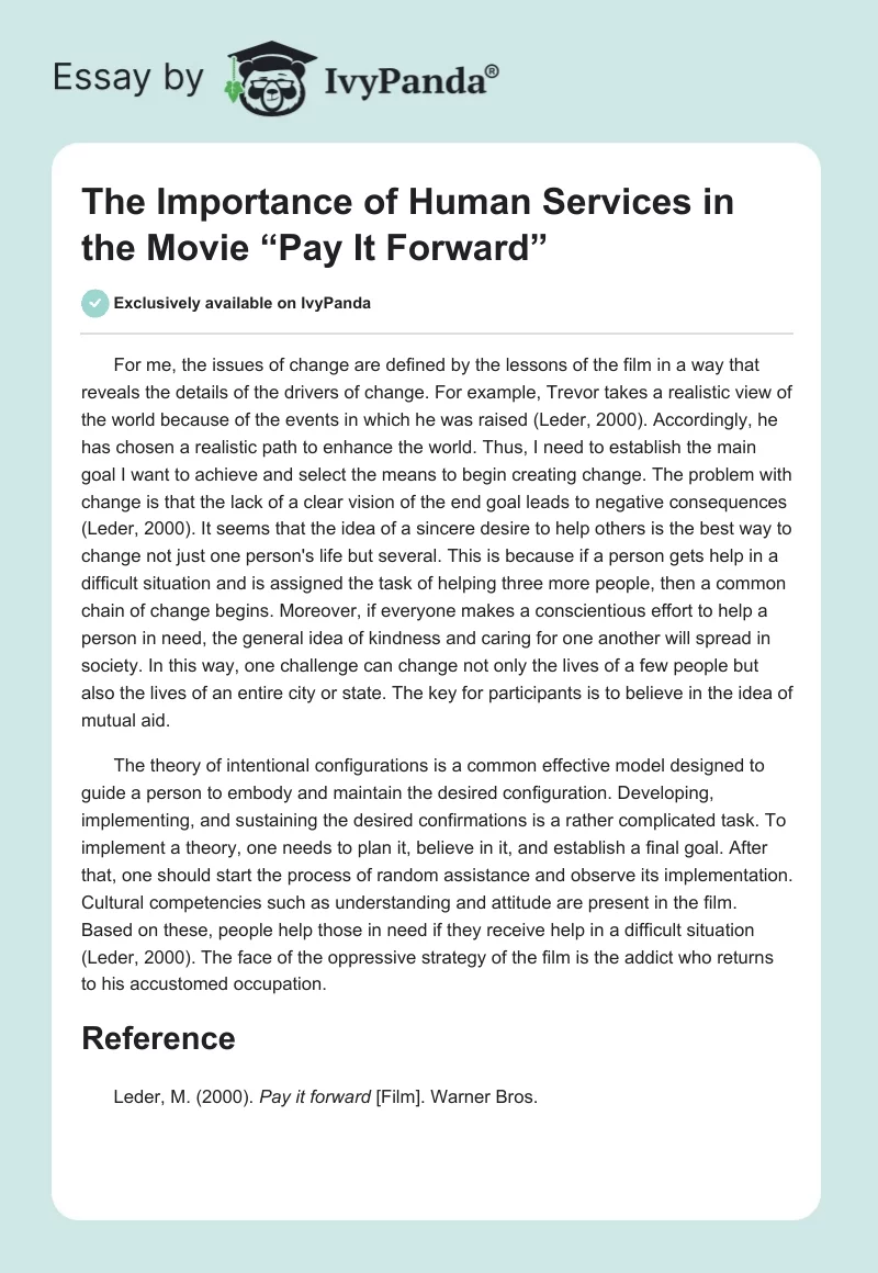 The Importance of Human Services in the Movie “Pay It Forward”. Page 1