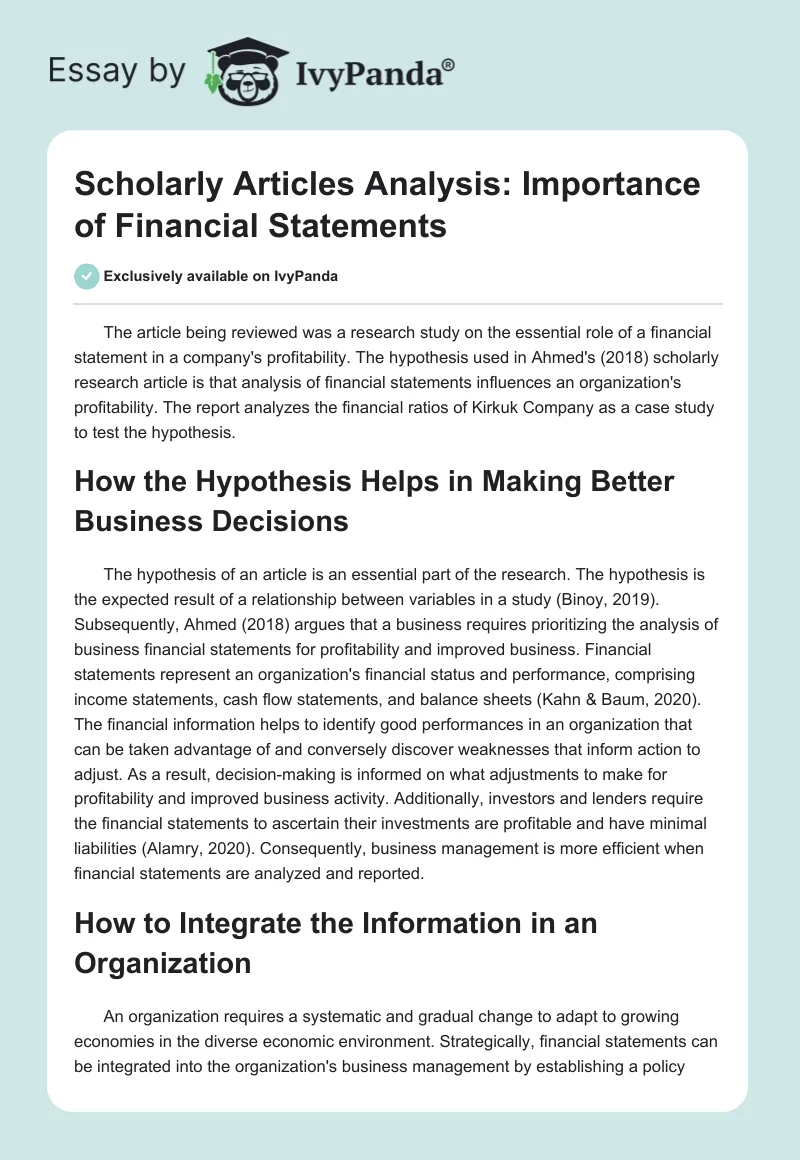 Scholarly Articles Analysis: Importance of Financial Statements. Page 1