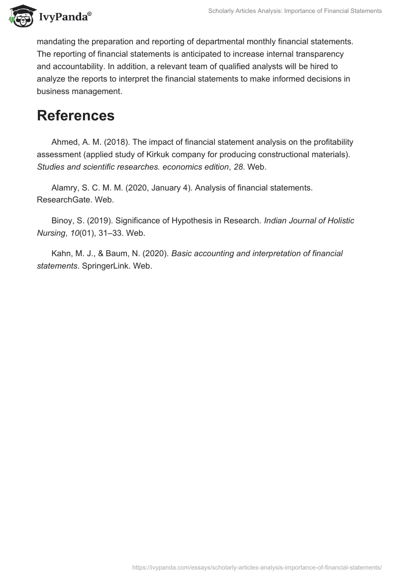 Scholarly Articles Analysis: Importance of Financial Statements. Page 2