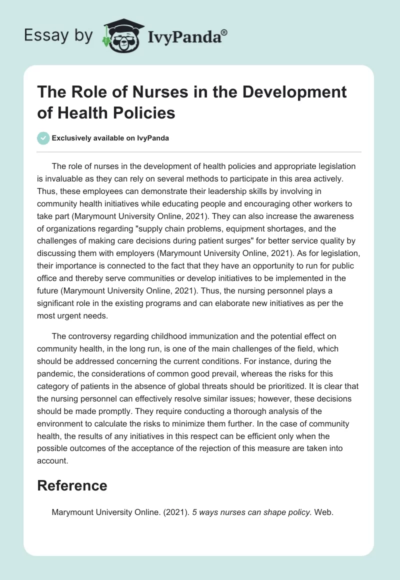 The Role of Nurses in the Development of Health Policies. Page 1