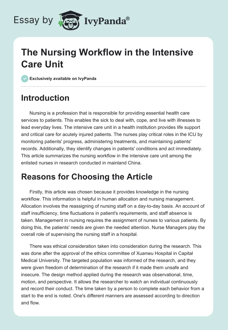 The Nursing Workflow in the Intensive Care Unit. Page 1