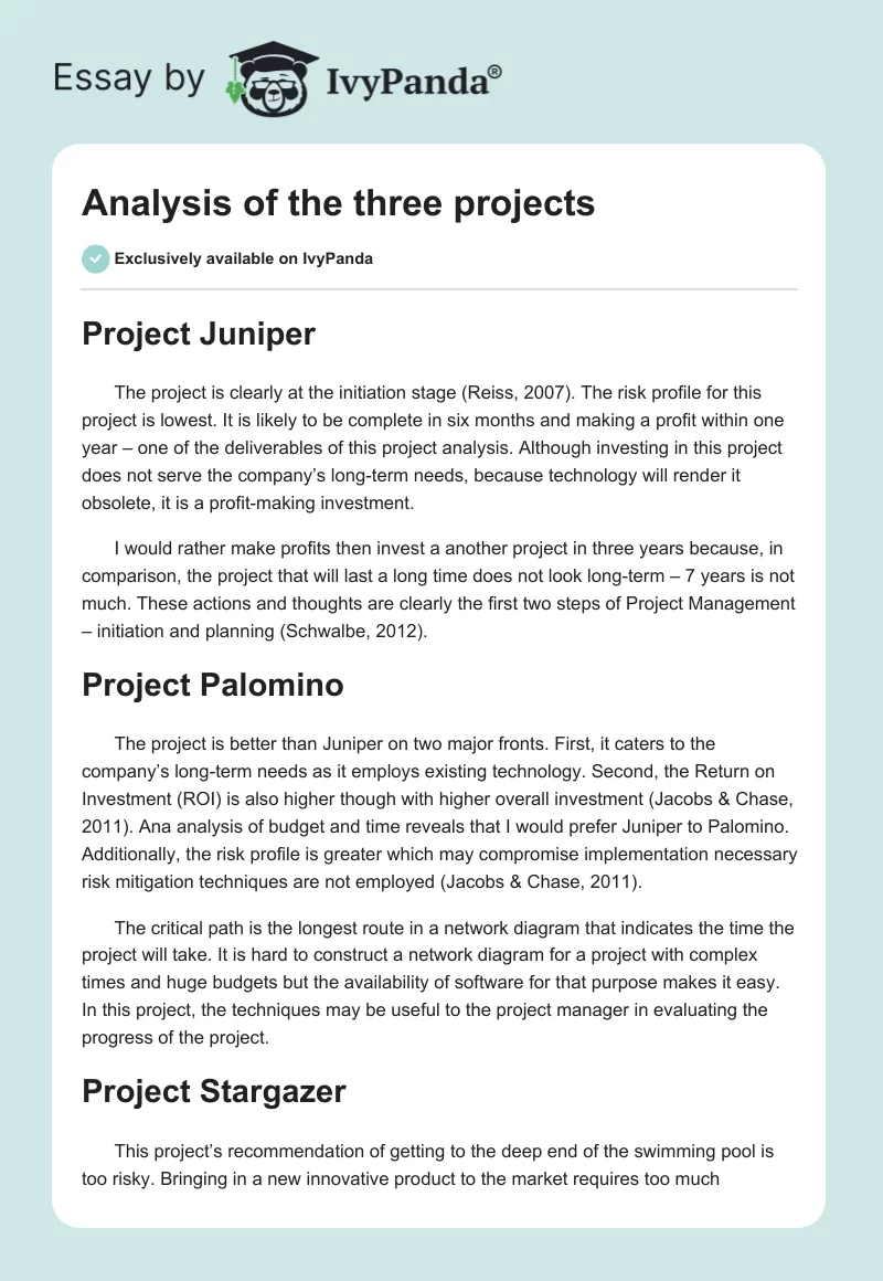 Analysis of the three projects. Page 1