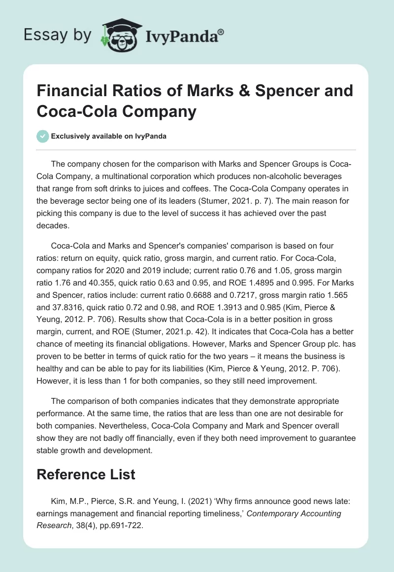 Financial Ratios of Marks & Spencer and Coca-Cola Company. Page 1