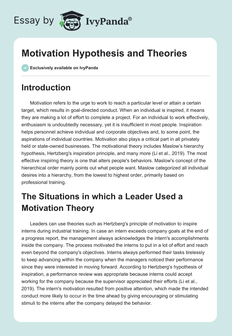 Motivation Hypothesis and Theories. Page 1