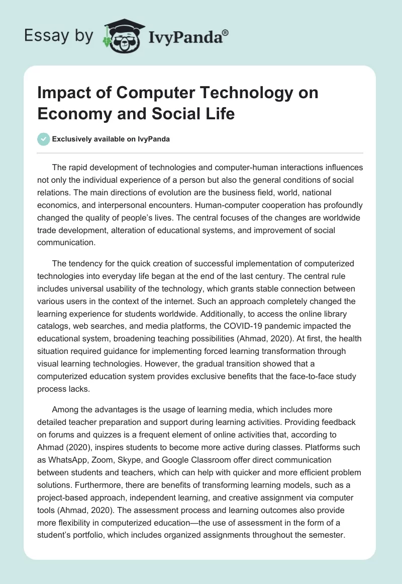 Impact of Computer Technology on Economy and Social Life. Page 1