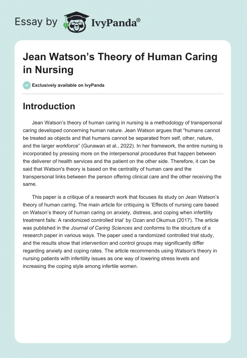 Jean Watson’s Theory of Human Caring in Nursing. Page 1