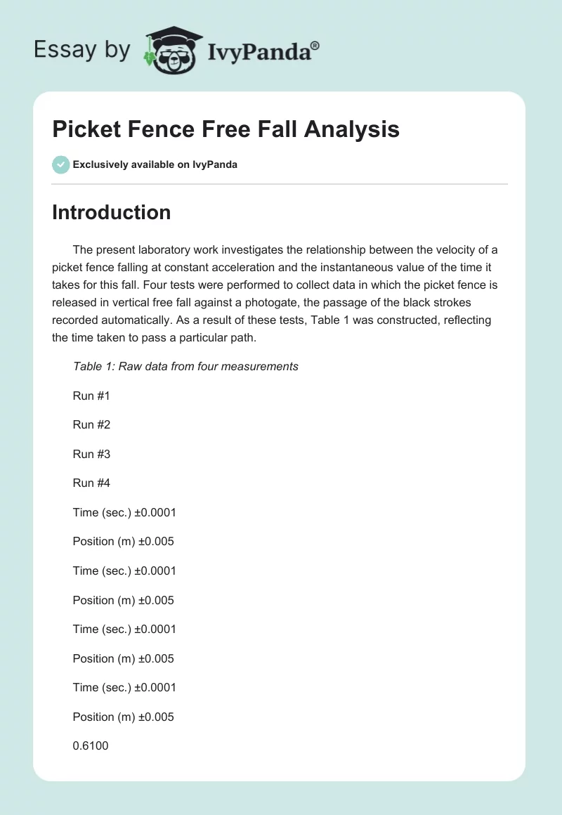 Picket Fence Free Fall Analysis. Page 1