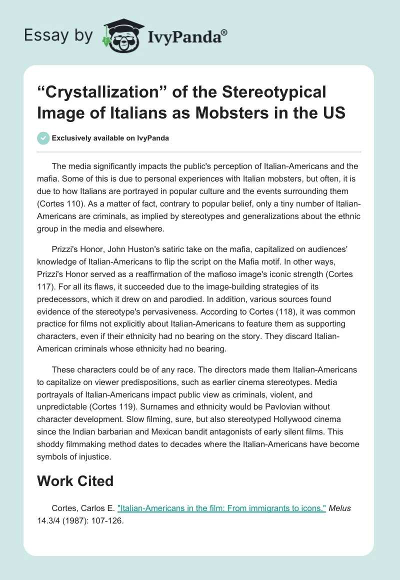 “Crystallization” of the Stereotypical Image of Italians as Mobsters in the US. Page 1