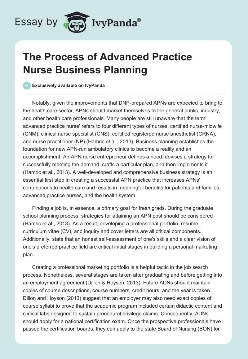 The Process of Advanced Practice Nurse Business Planning. Page 1
