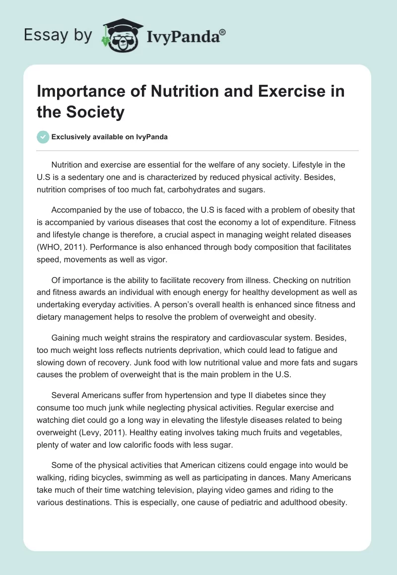 Importance of Nutrition and Exercise in the Society. Page 1