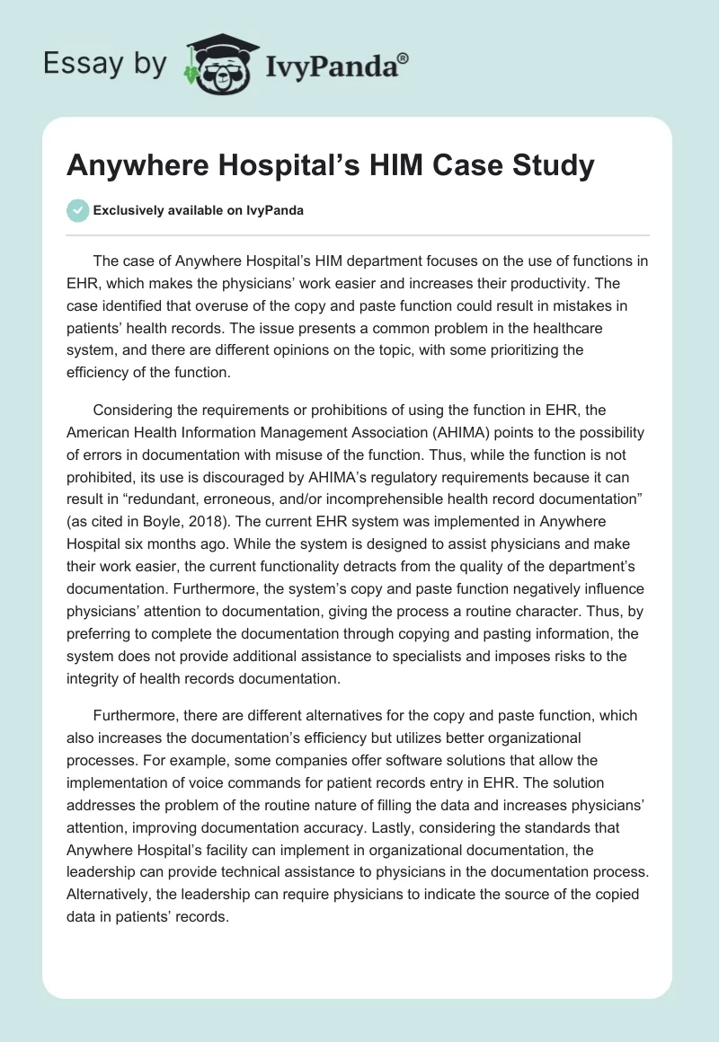 Anywhere Hospital’s HIM Case Study. Page 1