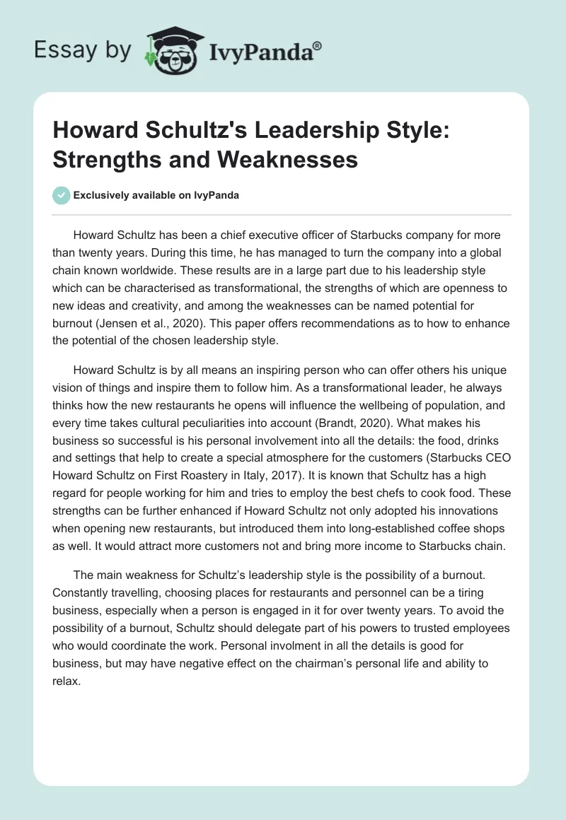 Howard Schultz's Leadership Style: Strengths and Weaknesses. Page 1