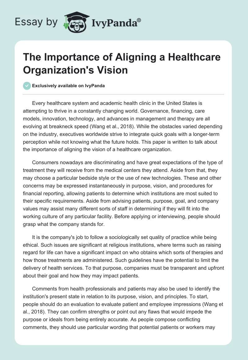 The Importance of Aligning a Healthcare Organization's Vision. Page 1