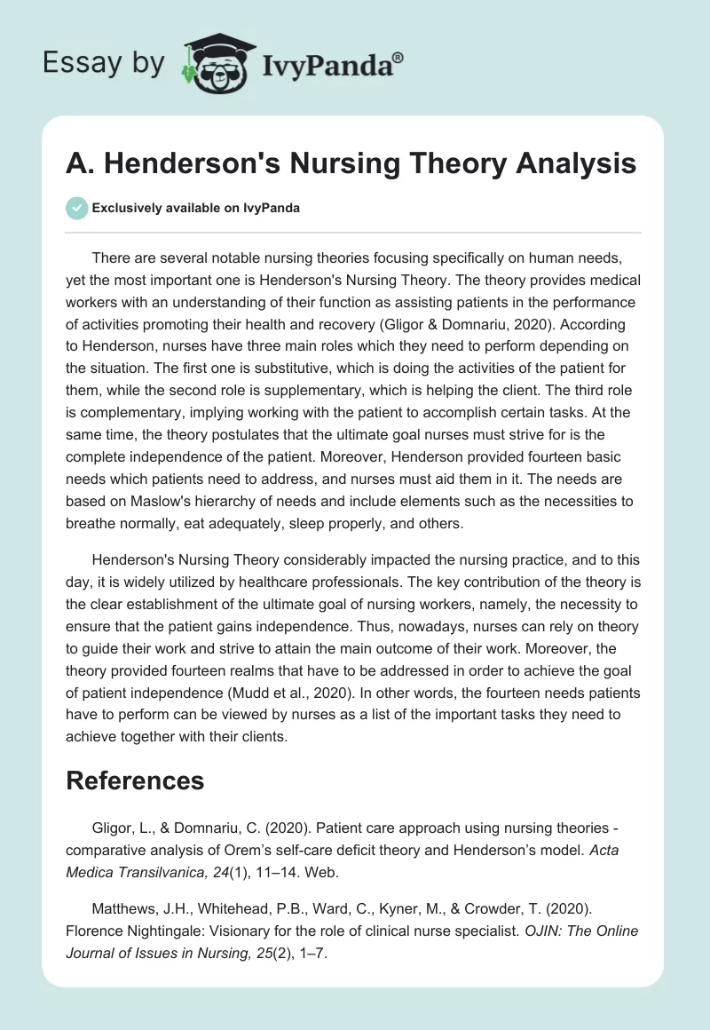 A. Henderson's Nursing Theory Analysis. Page 1