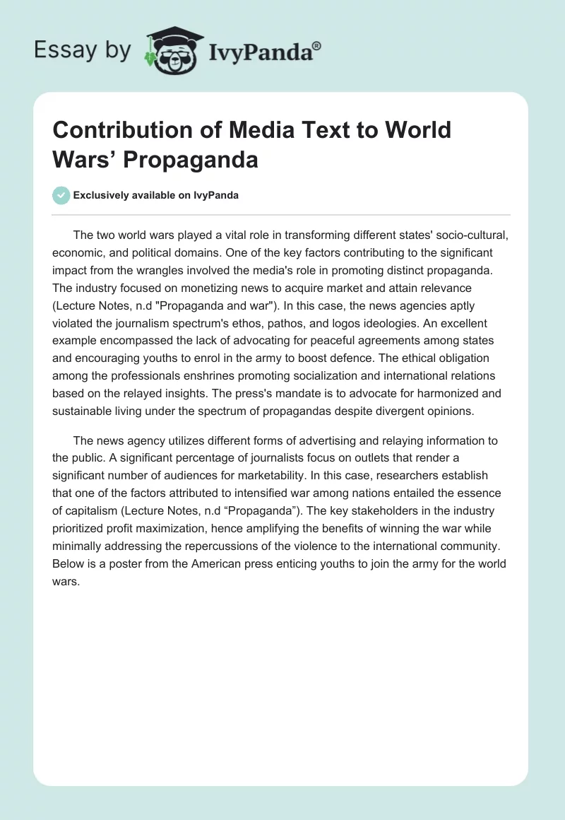 Contribution of Media Text to World Wars’ Propaganda. Page 1