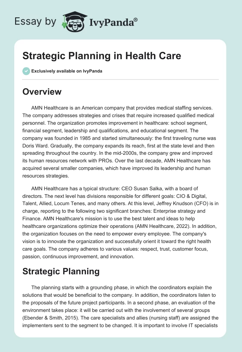 Strategic Planning in Health Care. Page 1
