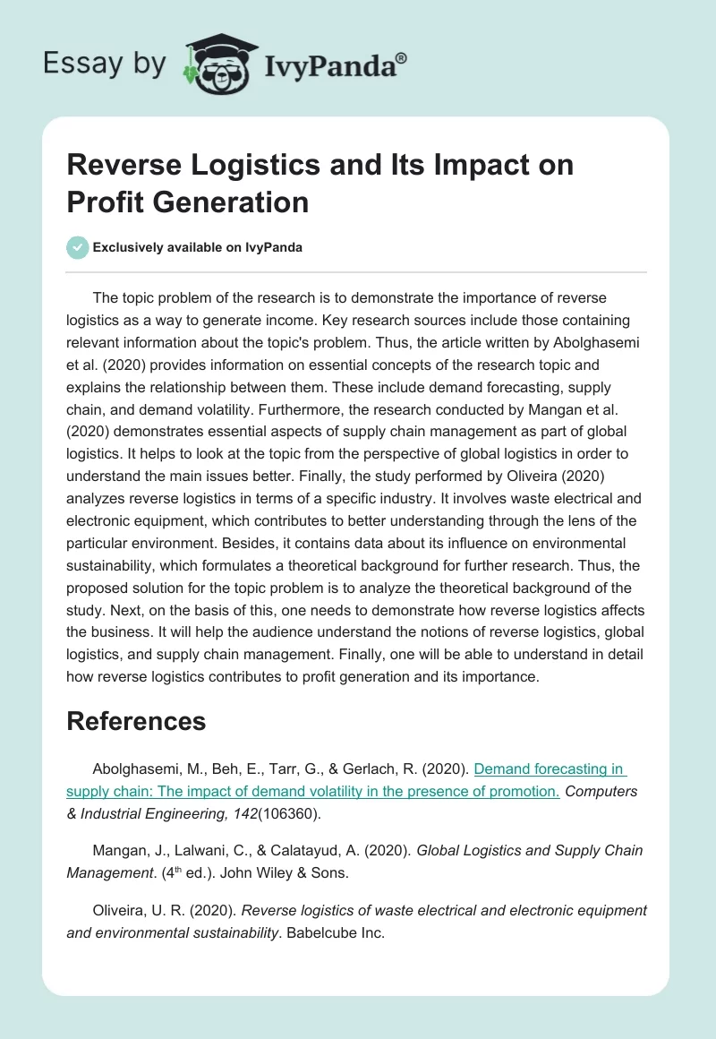 Reverse Logistics and Its Impact on Profit Generation. Page 1