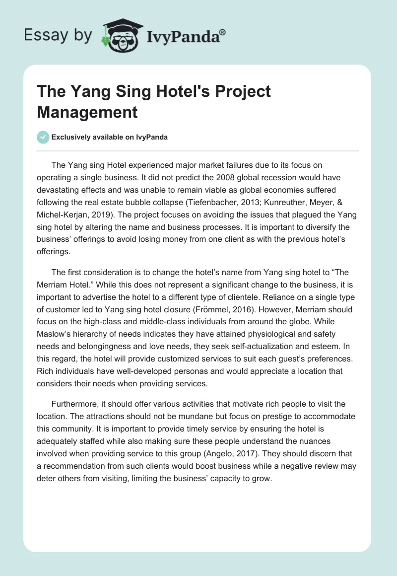 The Yang Sing Hotel's Project Management. Page 1