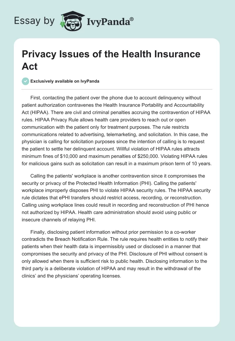 Privacy Issues of the Health Insurance Act. Page 1
