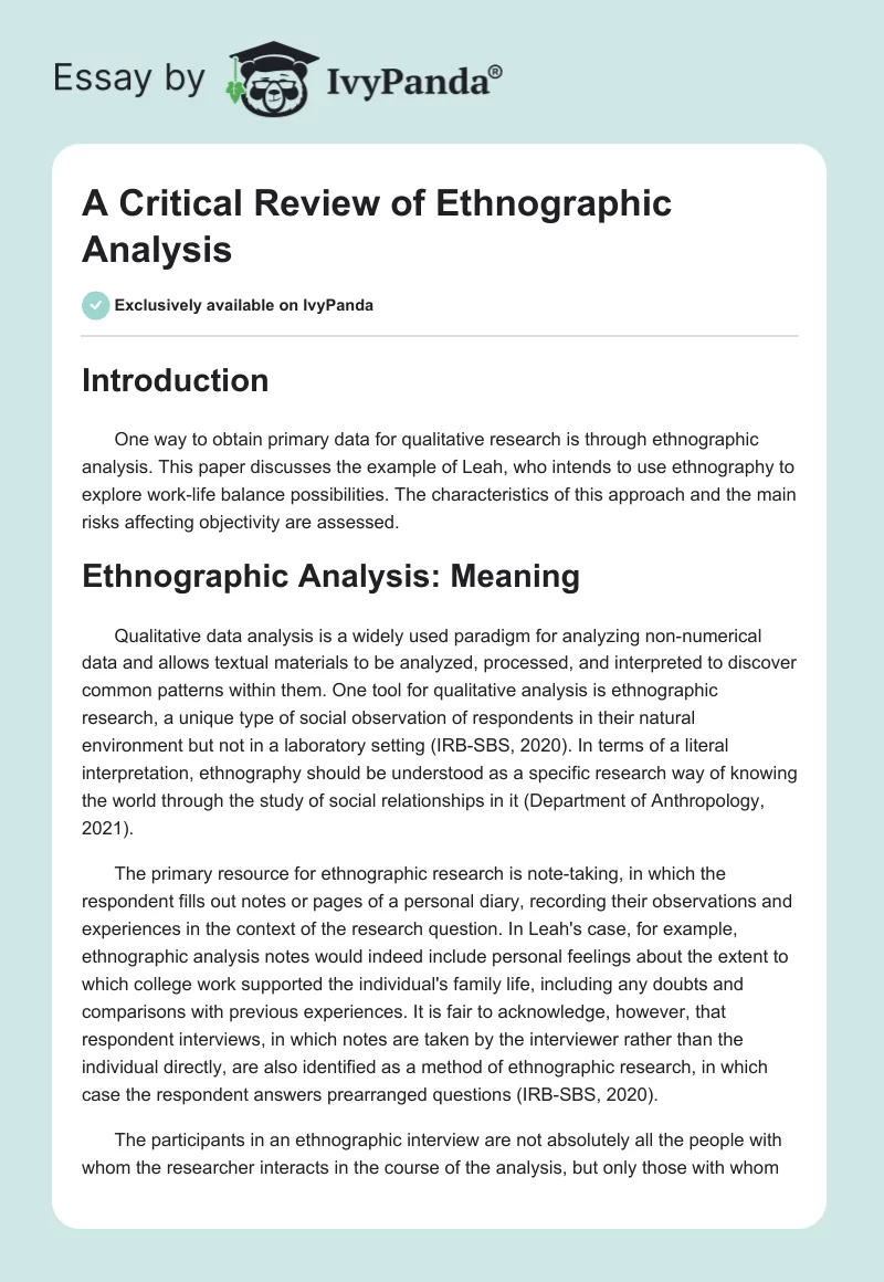A Critical Review of Ethnographic Analysis. Page 1