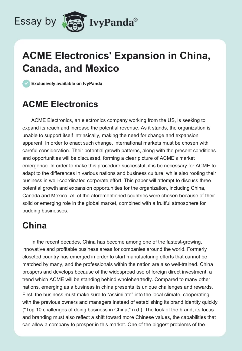ACME Electronics' Expansion in China, Canada, and Mexico. Page 1