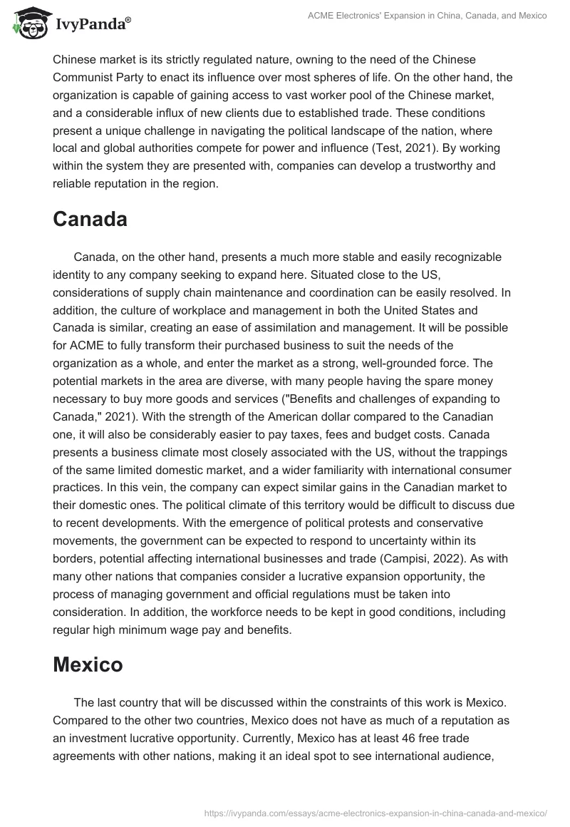 ACME Electronics' Expansion in China, Canada, and Mexico. Page 2