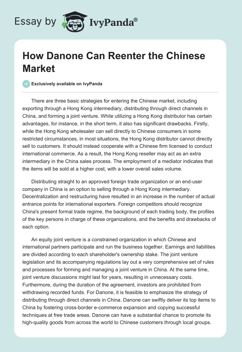 How Danone Can Reenter the Chinese Market. Page 1