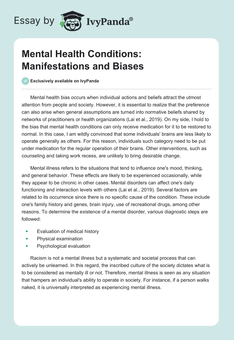 Mental Health Conditions: Manifestations and Biases. Page 1
