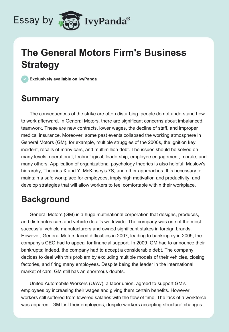 The General Motors Firm's Business Strategy. Page 1