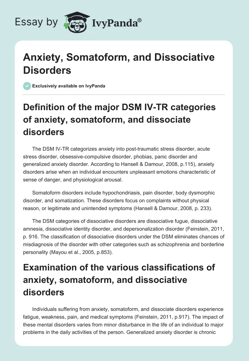 Anxiety, Somatoform, and Dissociative Disorders. Page 1