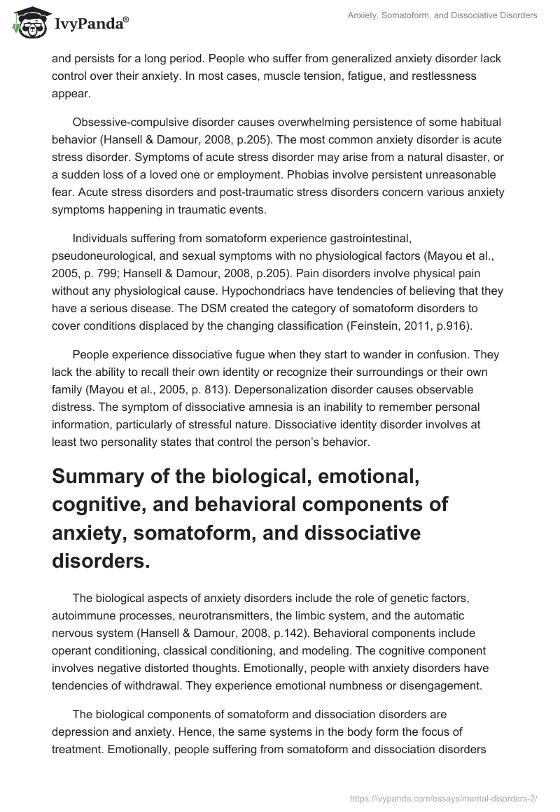 Anxiety, Somatoform, and Dissociative Disorders. Page 2