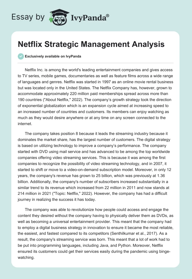 Netflix Strategic Management Analysis. Page 1