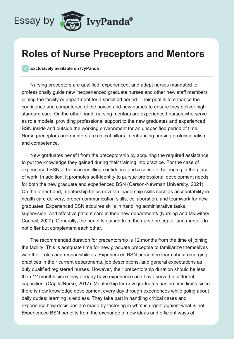 Roles of Nurse Preceptors and Mentors. Page 1