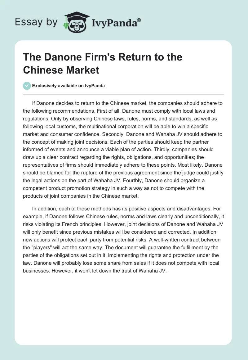 The Danone Firm's Return to the Chinese Market. Page 1