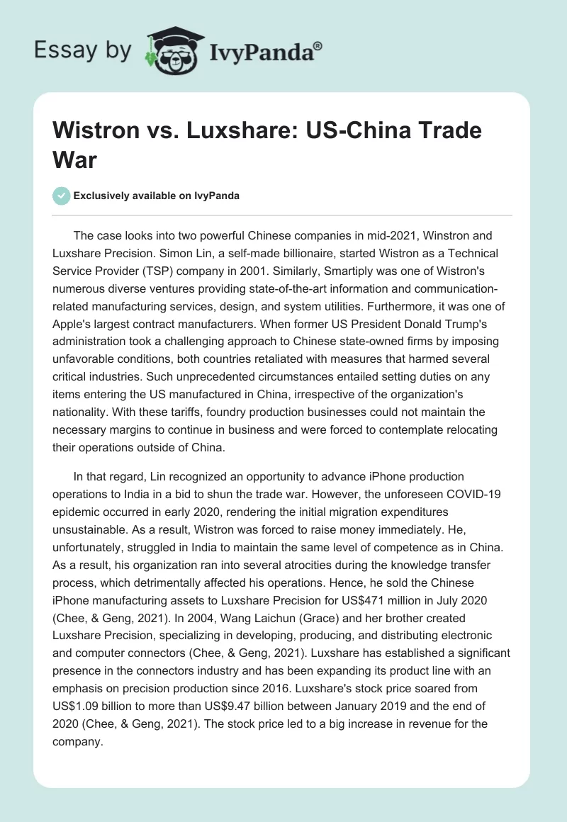 Wistron vs. Luxshare: US-China Trade War. Page 1
