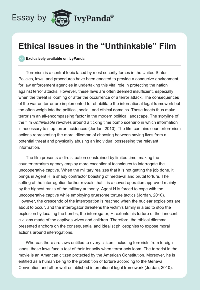 Ethical Issues in the “Unthinkable” Film. Page 1