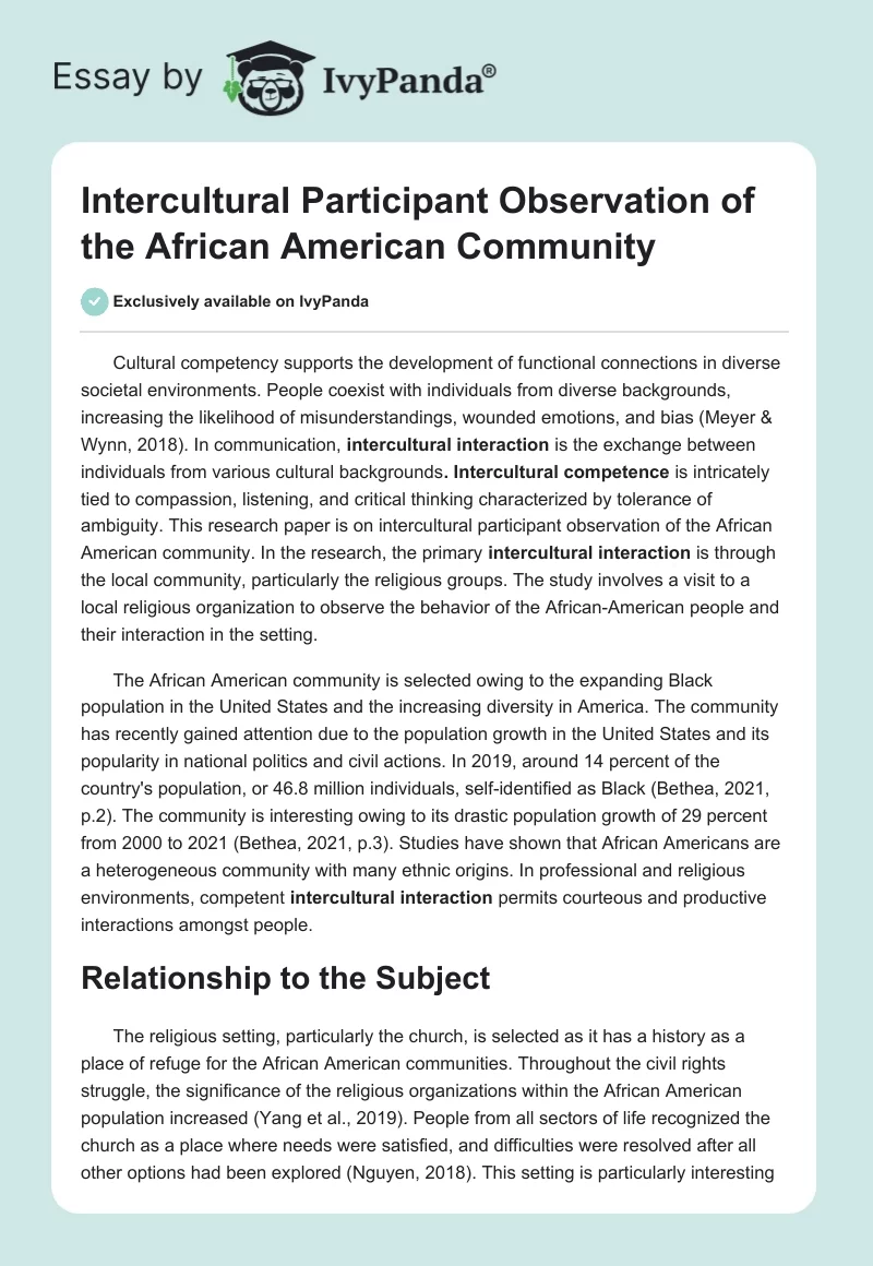 Intercultural Participant Observation of the African American Community. Page 1