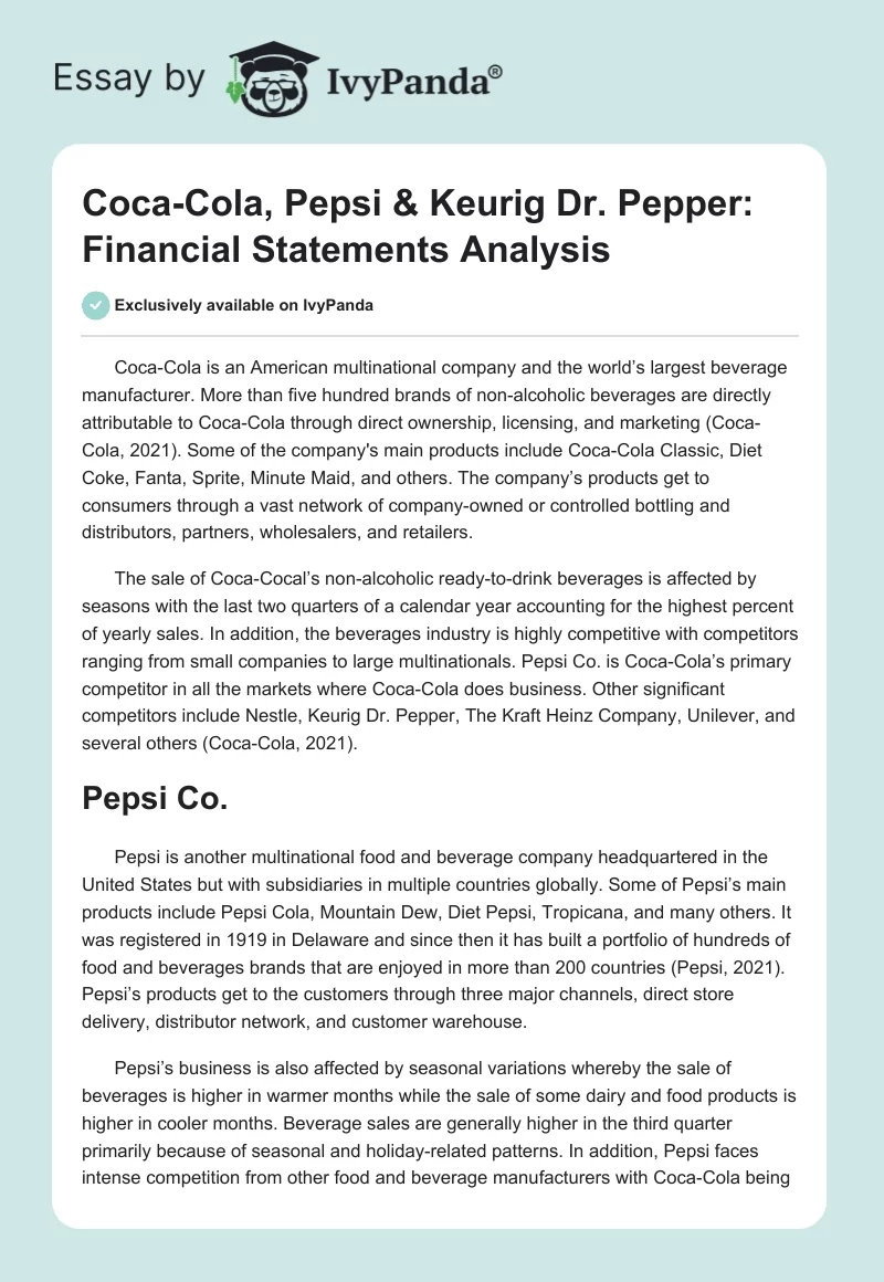 Coca-Cola, Pepsi & Keurig Dr. Pepper: Financial Statements Analysis. Page 1
