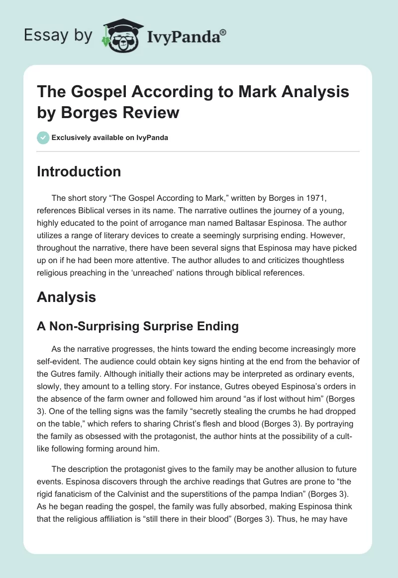 The Gospel According to Mark Analysis by Borges Review. Page 1