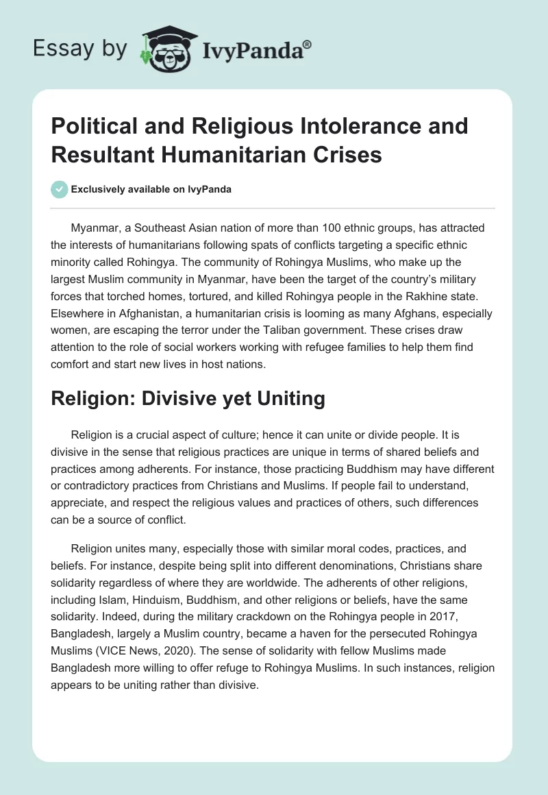 Political and Religious Intolerance and Resultant Humanitarian Crises. Page 1
