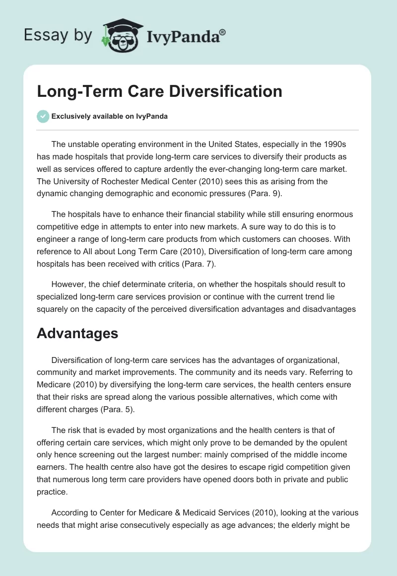 Long-Term Care Diversification. Page 1