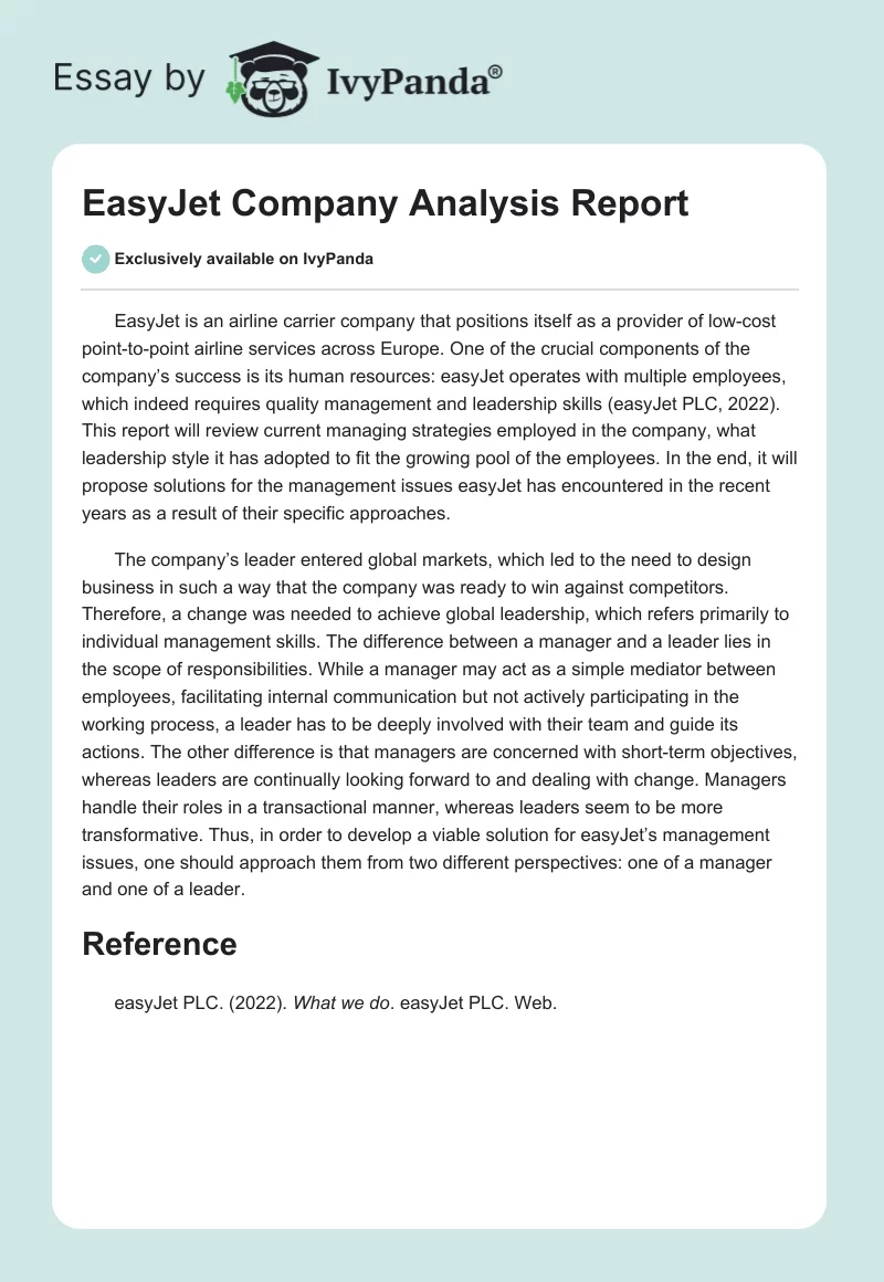 EasyJet Company Analysis Report. Page 1