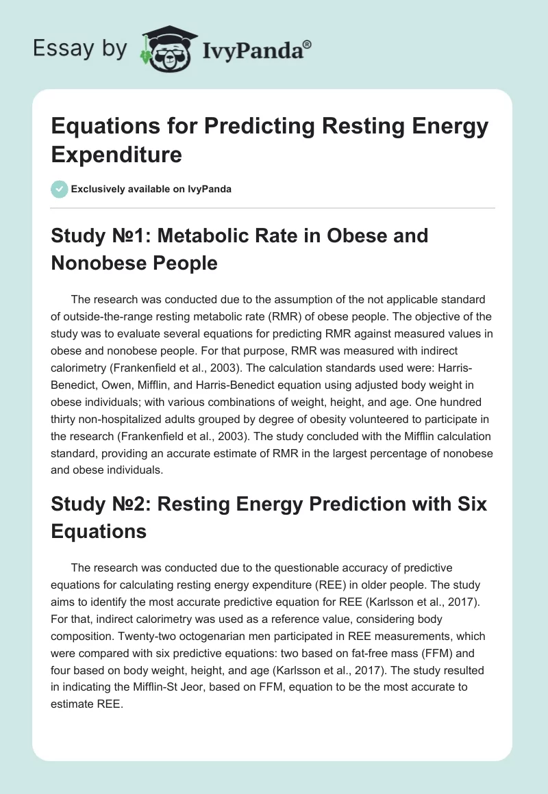 Equations for Predicting Resting Energy Expenditure. Page 1